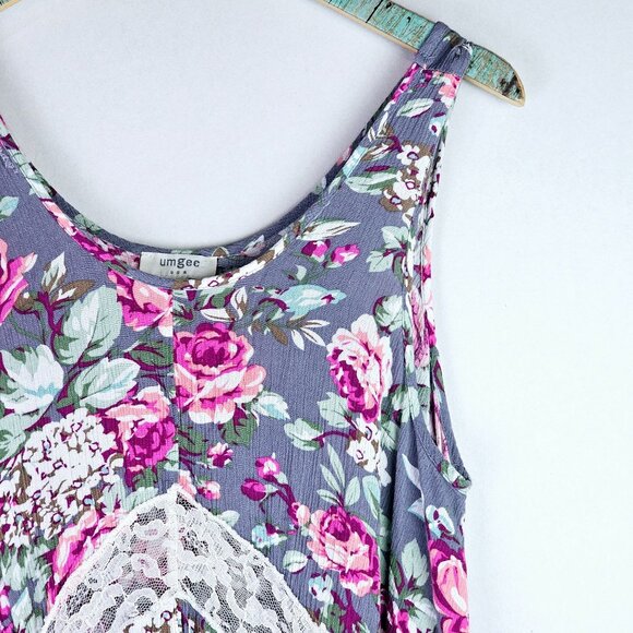 Umgee USA Crepe Sheer Lace Dainty Asymmetrical Southern Boho Tank Top, Sz L - Picture 4 of 10